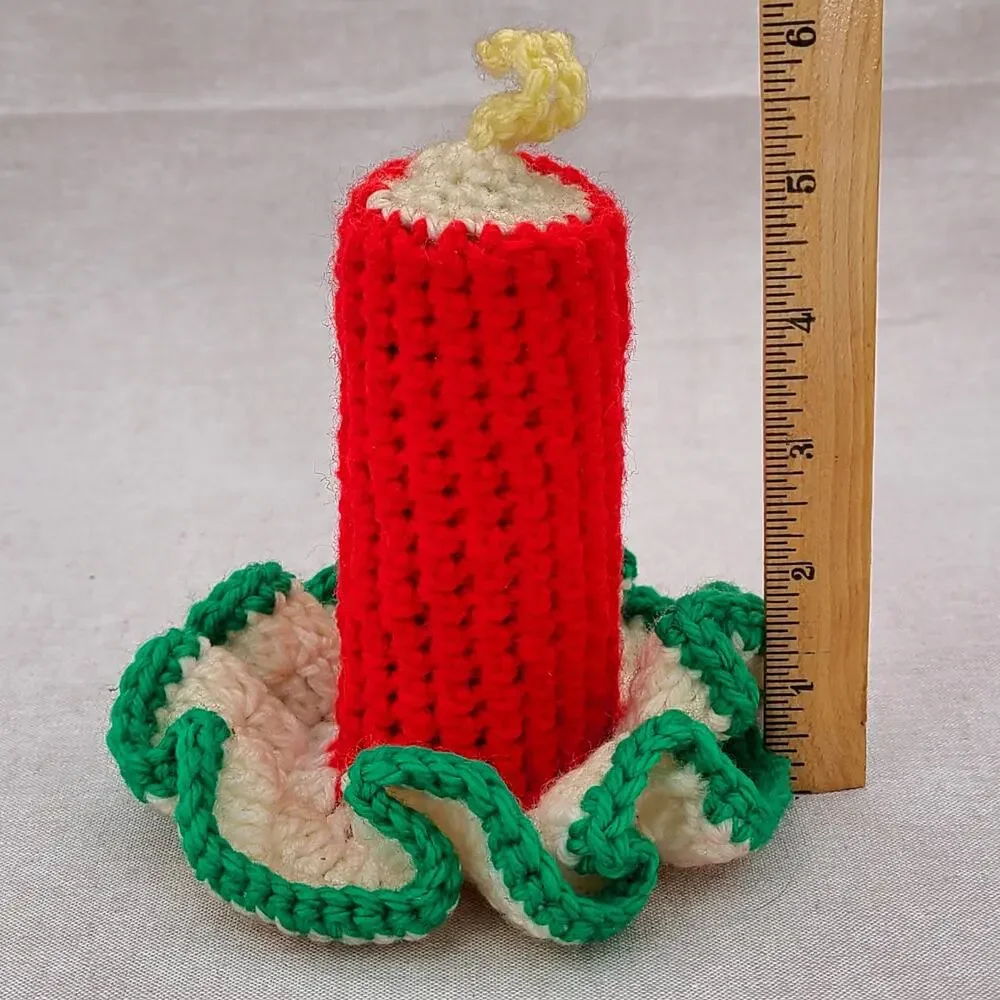 Vtg Red Green Hand Crocheted Christmas Candle on Toilet Paper Roll Granny Core